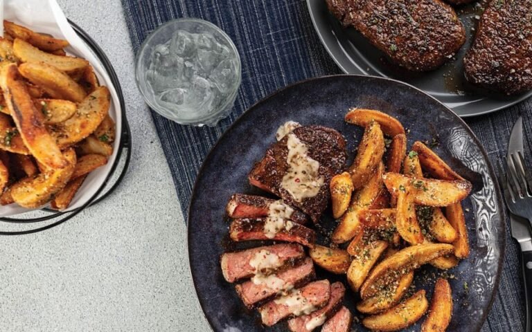 Southwest Steaks with Creamy Peppercorn Sauce & Herb Parmesan Fries