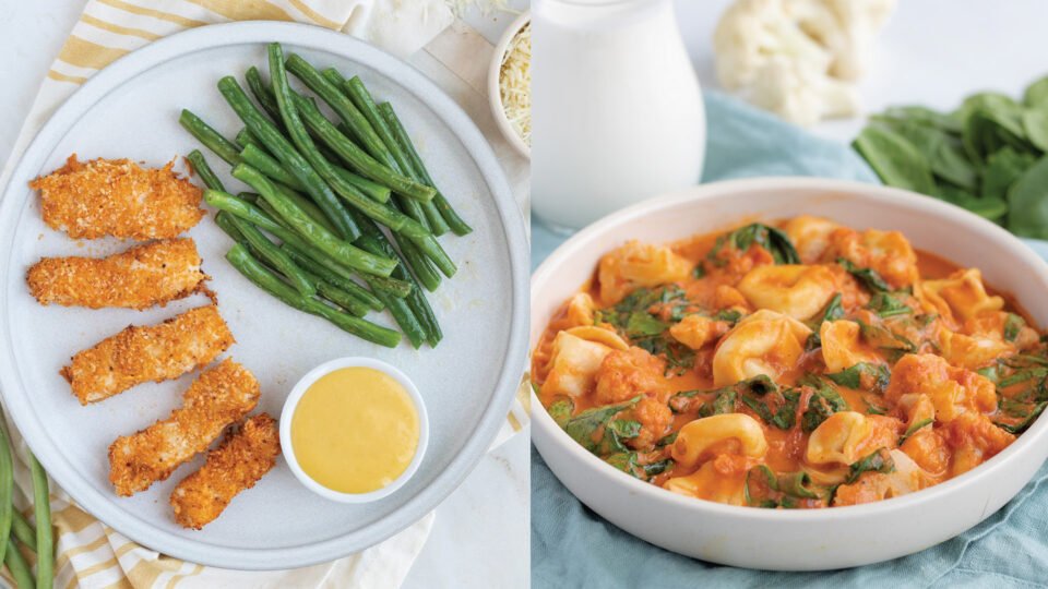 Cheese Tortellini with Garlic Parmesan Chicken Tenders and Cauliflower