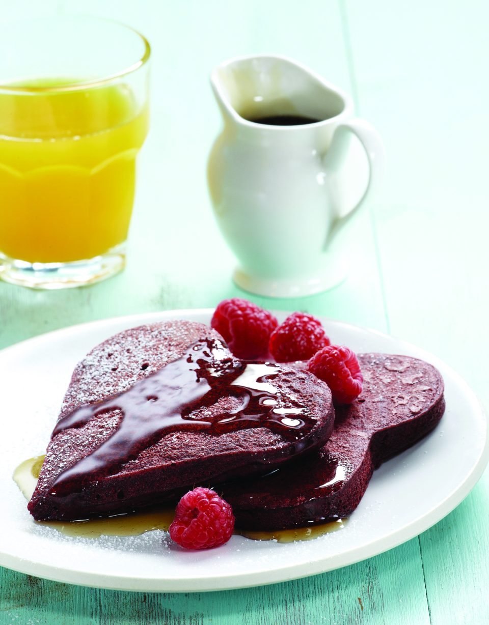 Chocolate-Dipped Red Velvet Pancakes